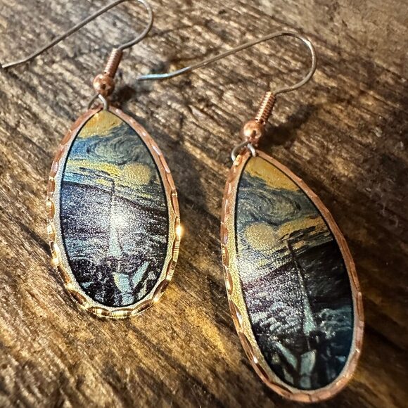 Handmade Boho Copper Earrings, Diamond Cut Van Gogh Starry Night Design Earring - Picture 8 of 9